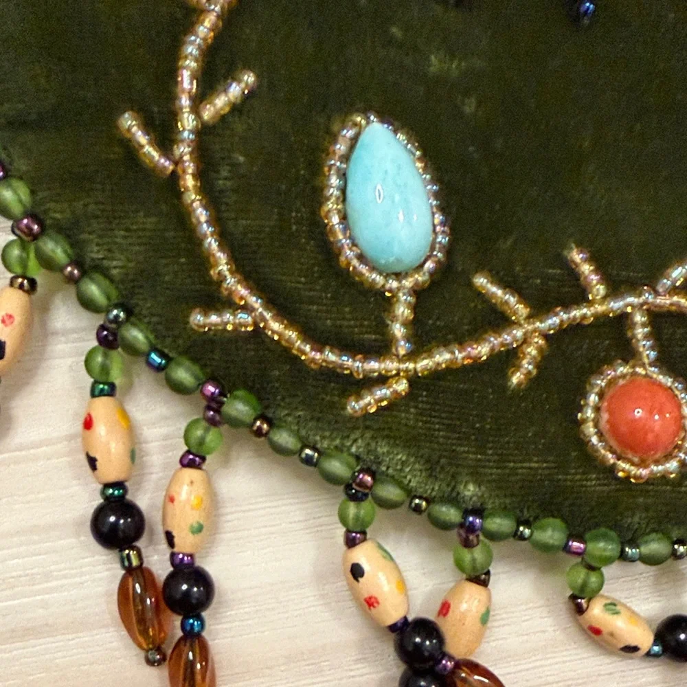 Beaded Turtle Velvet Crossbody Bag in Olive Green - Picture 3 of 6